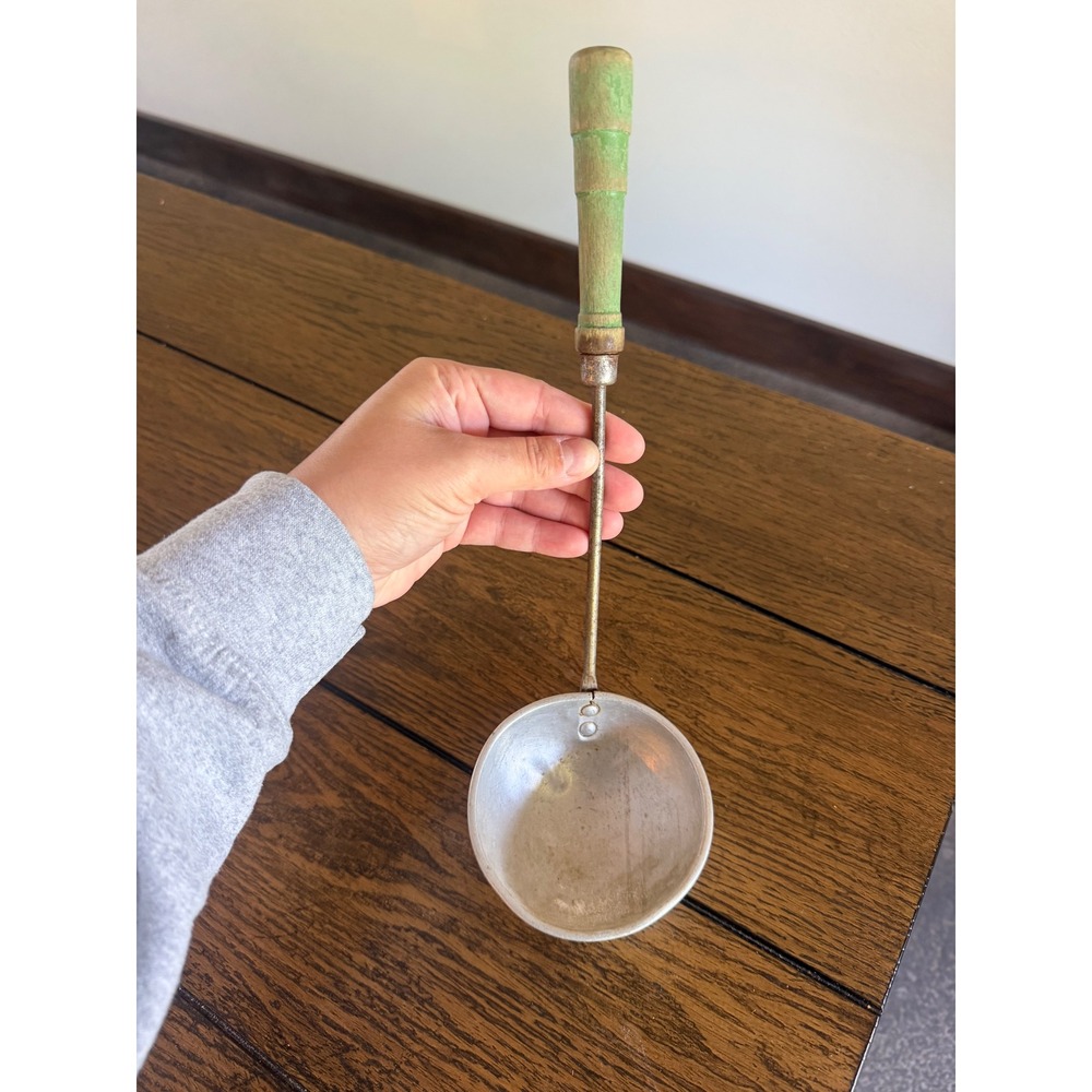 Vintage Primitive Ladle Green Wood Handle 12.5" Aluminum antique